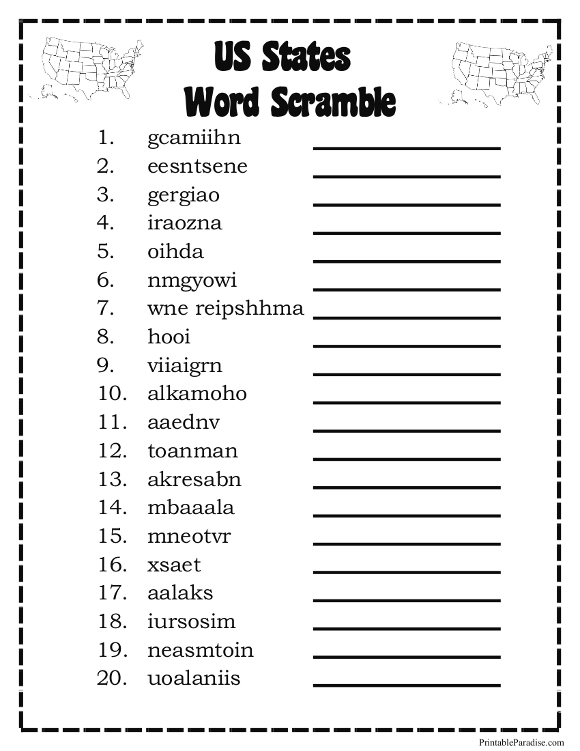 Printable States Word Scramble Game