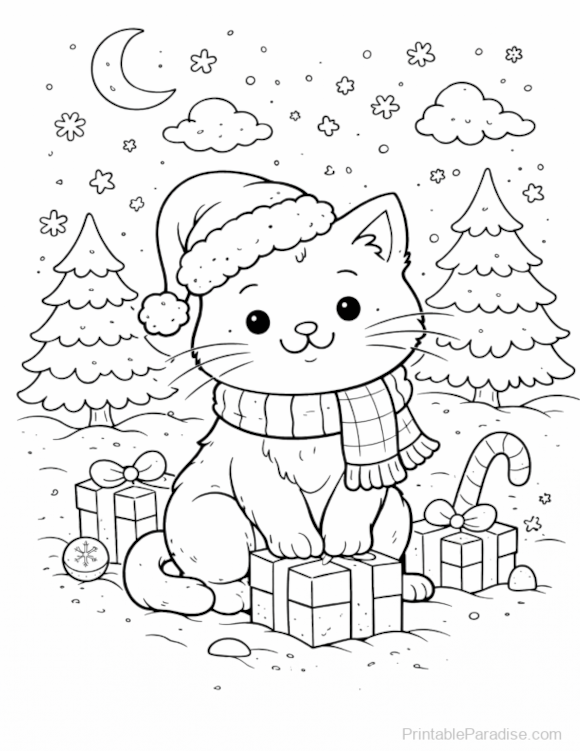Printable Christmas Cat Coloring Page
