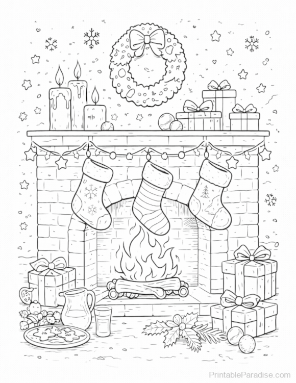 Christmas Fireplace Coloring Page