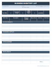 Business Inventory List Sheet
