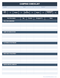 Camping Checklist Sheet