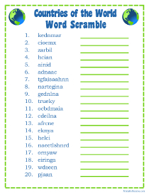 Countries of the World Word Scramble Puzzle