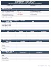 Emergency Contact List Sheet