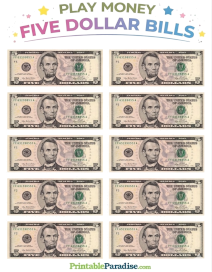 Fake Play Money 5 Dollar Bills