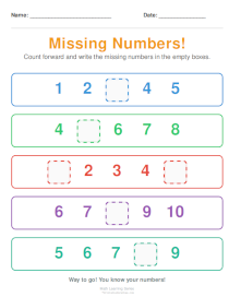 Missing Numbers Worksheets for Preschool