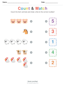 Farm Animals Count and Match Worksheets