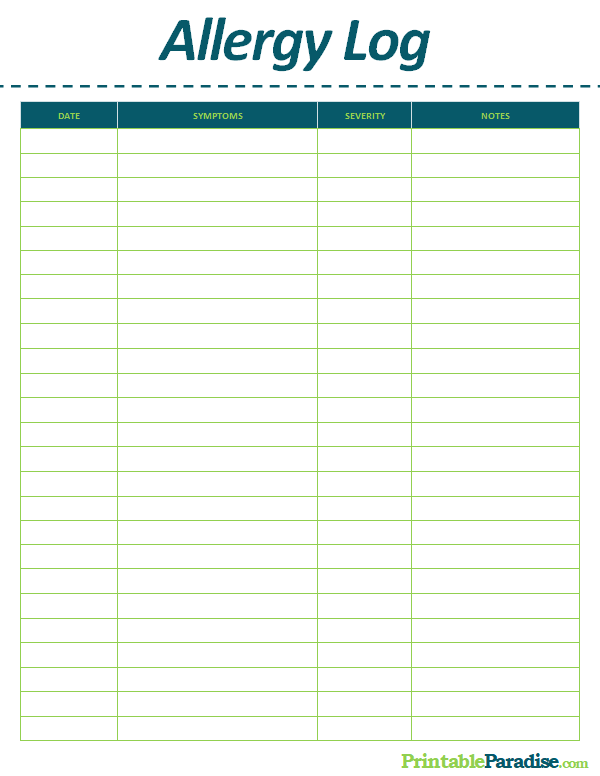 Printable Allergy Log Sheet