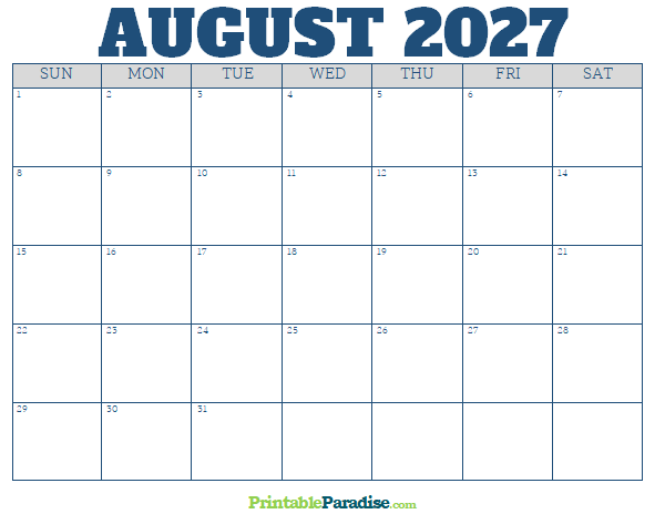 Printable August 2027 Calendar