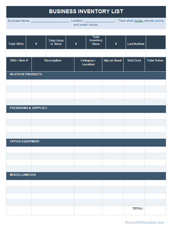Printable Business Inventory List Sheet