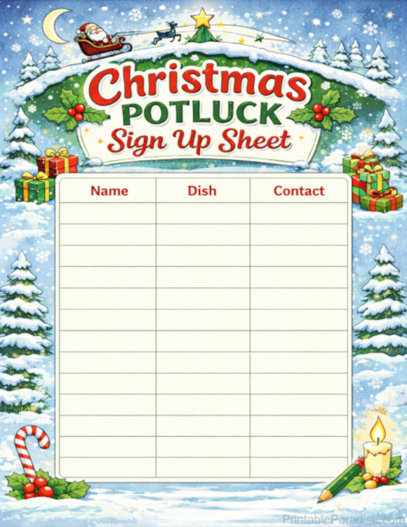 Printable Christmas Potluck Sign-up Sheet