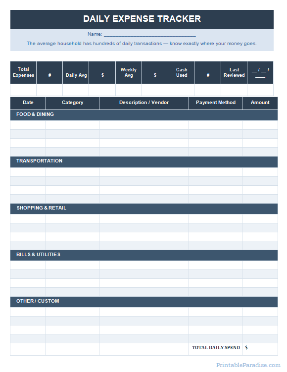 Printable Daily Expense Tracker Sheet