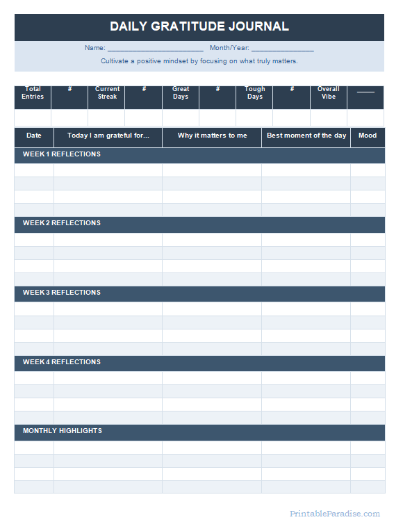 Printable Daily Gratitude Journal Sheet