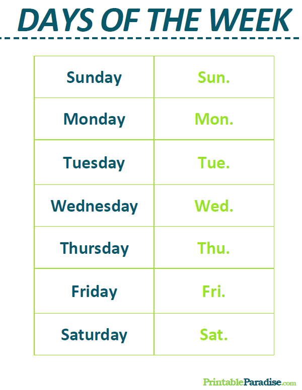 Printable List of the Days of the Week