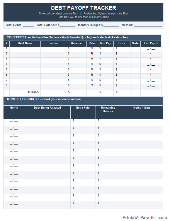 Printable Debt Payoff Tracker Sheet