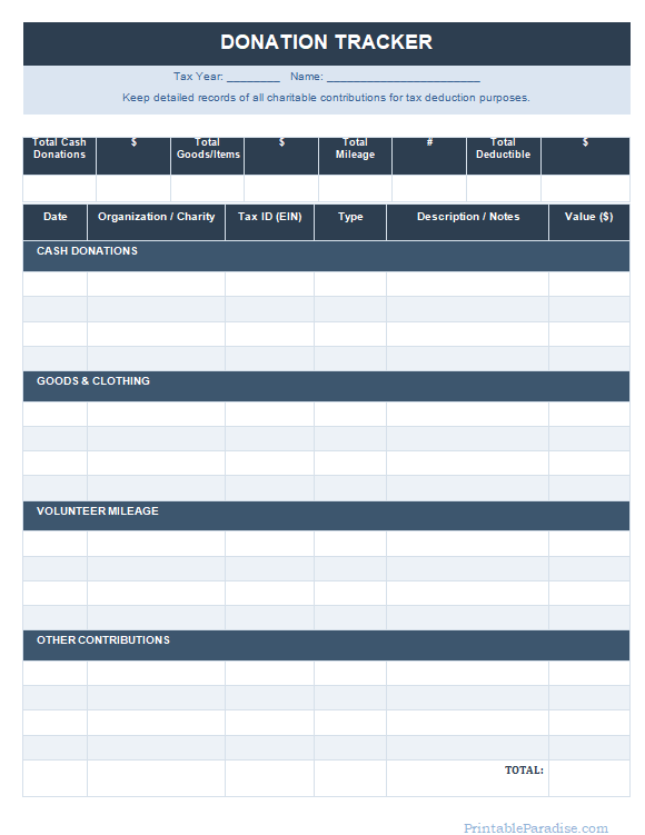 Printable Donation Tracker Sheet