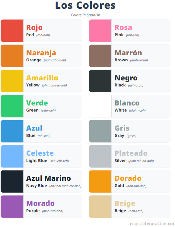 Printable English to Spanish Colors