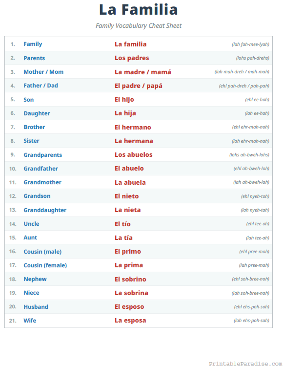 Printable English to Spanish Family and Siblings Terms
