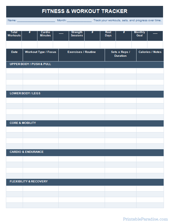 Printable Fitness and Workout Tracker Sheet