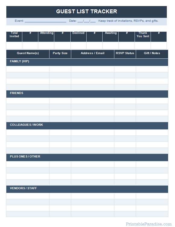 Printable Guest List Tracker Sheet