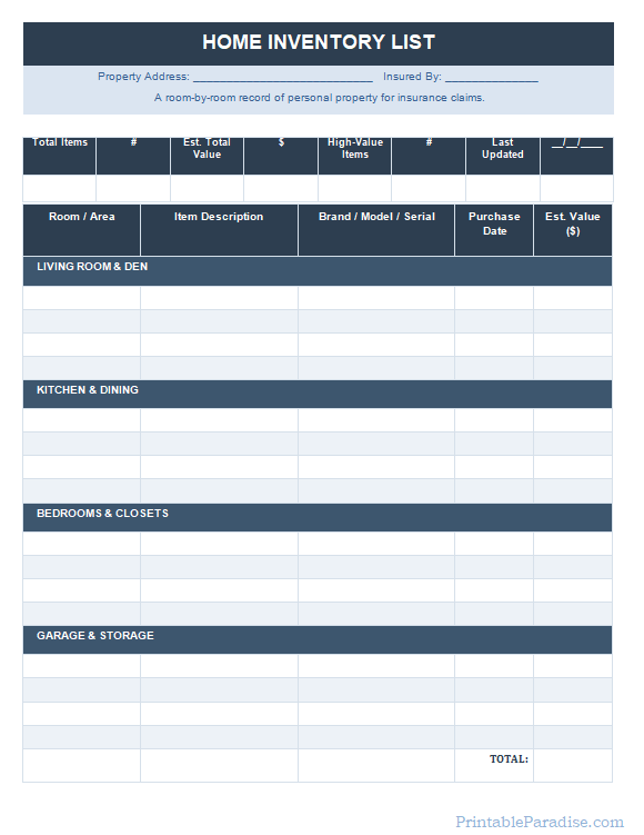 Printable Home Inventory List Sheet