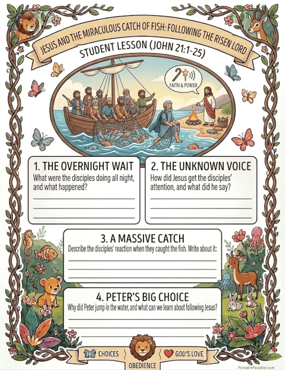 Printable Jesus and the Miraculous Catch of Fish Lesson Worksheet