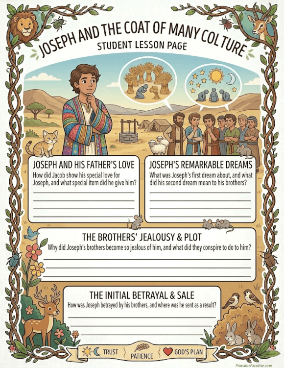 Printable Joseph and the Coat of many Colors Lesson Worksheet