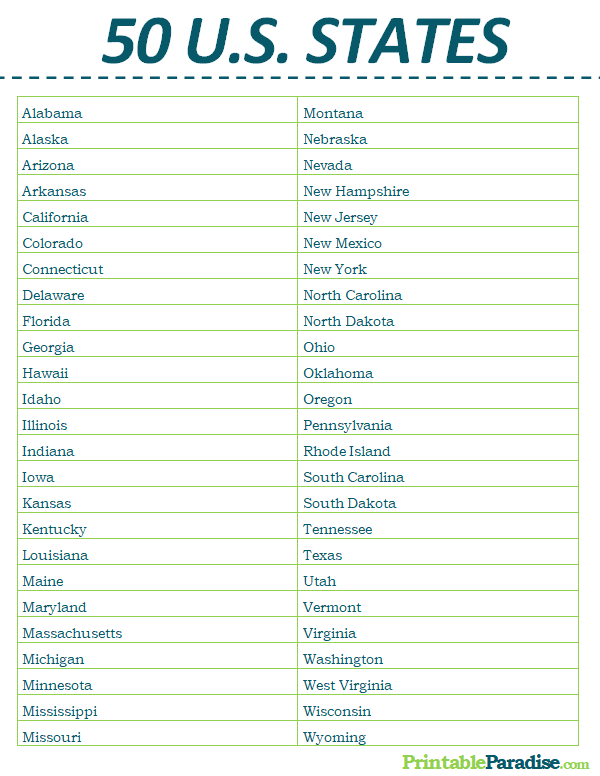 List Of 50 Us States Printable With Abbreviations Printable List Of ...