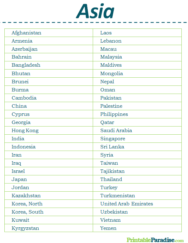 Printable List Of Countries In The World By Continent