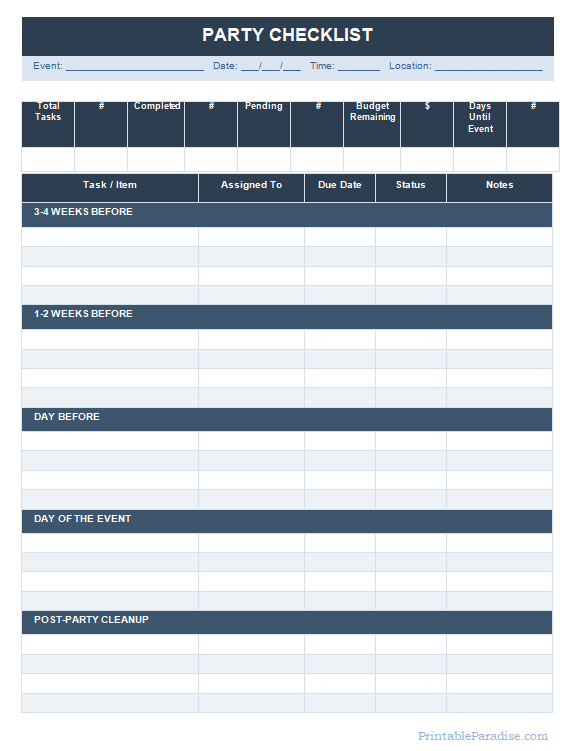 Printable Party Checklist Sheet