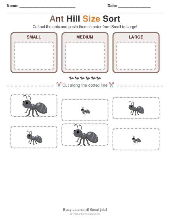 Printable Preschool Ant Size Sorting Worksheet