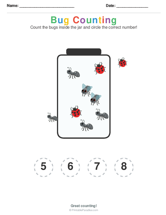 Printable Preschool Bug Counting Worksheet