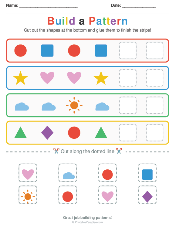 Printable Preschool Build a Pattern Worksheet
