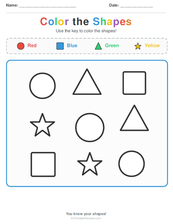 Printable Preschool Color the Shapes Worksheet