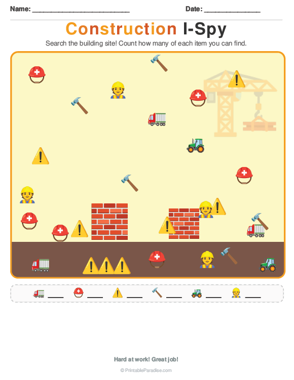 Printable Preschool Construction I Spy Worksheet