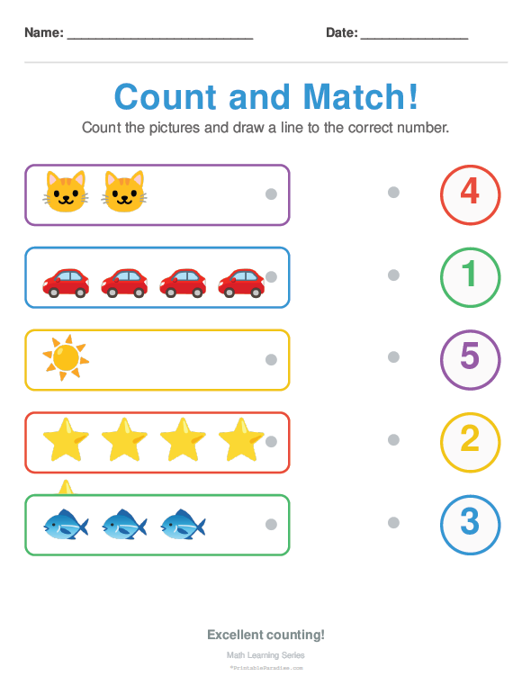 Printable Preschool Count and Match Worksheet