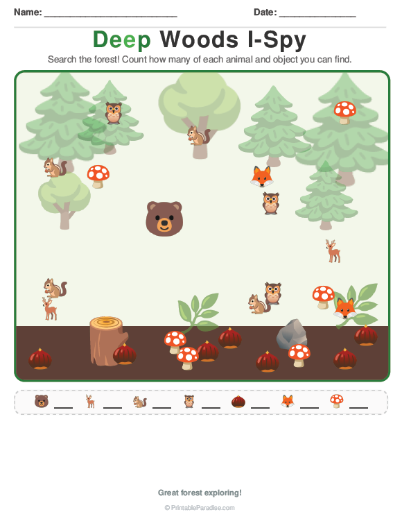 Printable Preschool Deep Woods I Spy Worksheet