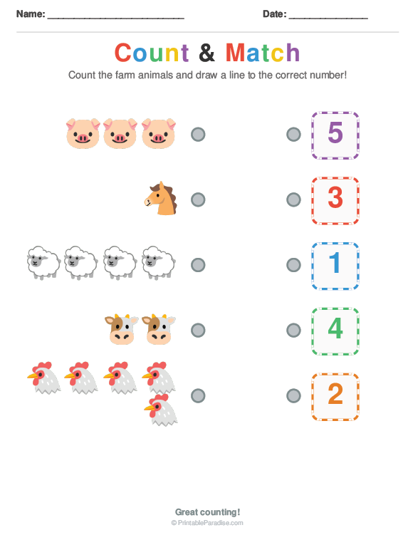 Printable Preschool Farm Animals Count & Match Worksheet Worksheet