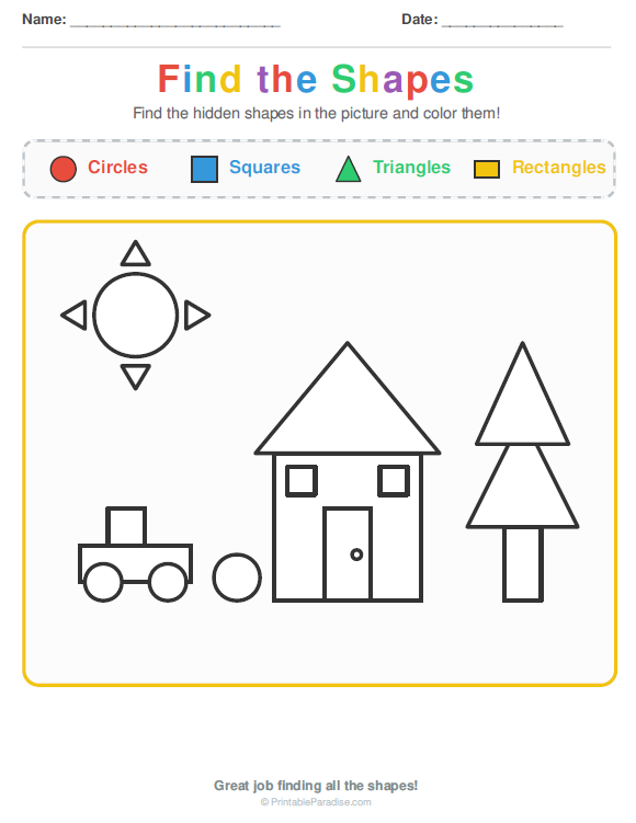 Printable Preschool Find the Shapes Worksheet
