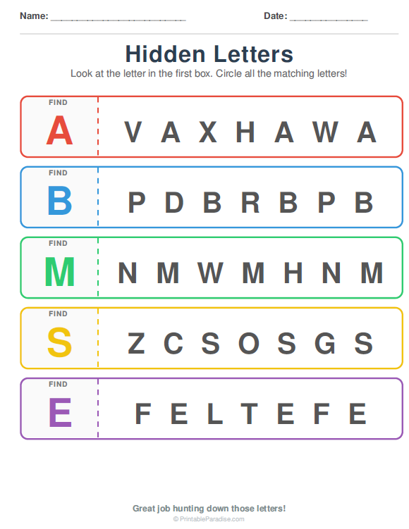 Printable Preschool Hidden Letters Worksheet