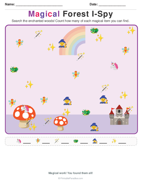 Printable Preschool Magical Forest I Spy Worksheet