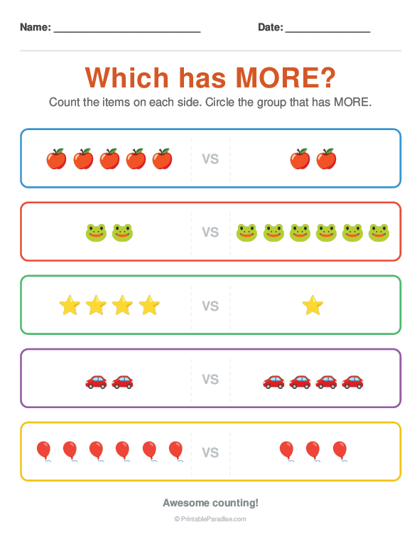Printable Preschool More or Less Worksheet