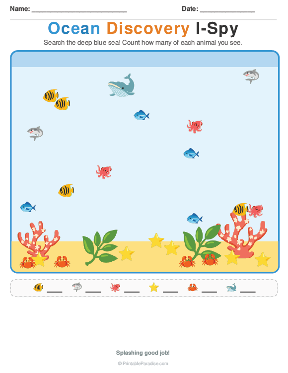 Printable Preschool Ocean Discovery I Spy Worksheet