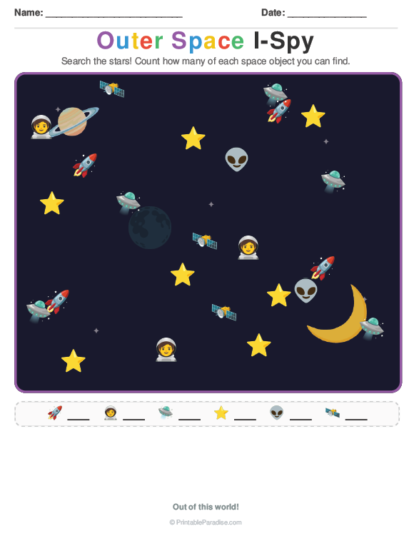 Printable Preschool Outer Space I Spy Worksheet