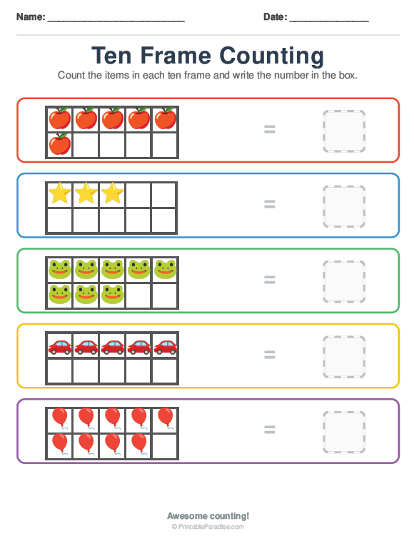 Printable Preschool Ten Frame Worksheet