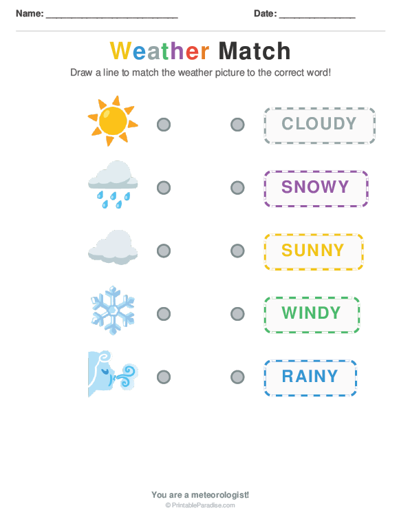 Printable Preschool Weather Matching Worksheet
