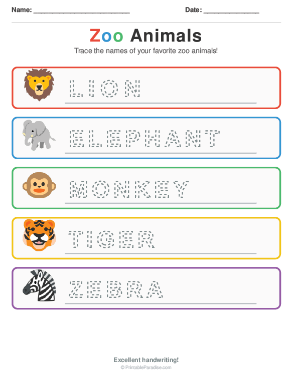 Printable Preschool Zoo Animal Tracing Worksheet