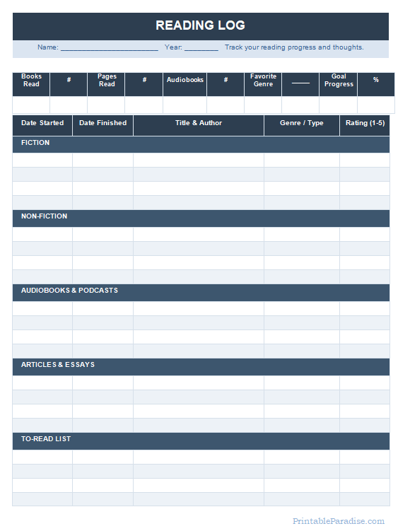 Printable Reading Log Sheet
