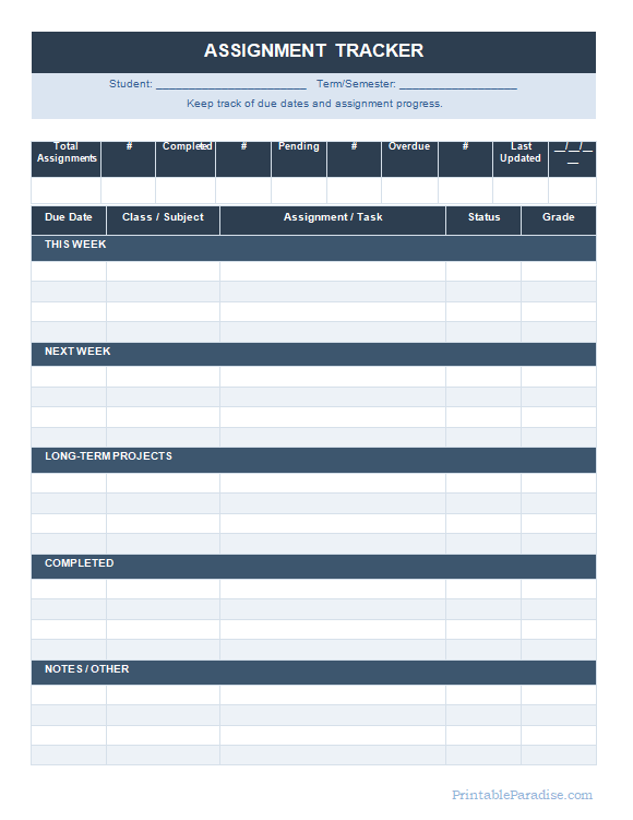 Printable School Assignment Tracker Sheet