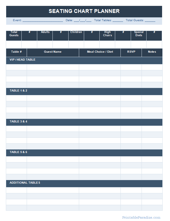 Printable Seating Chart Template Sheet