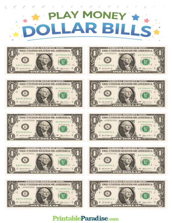 Printable Sheet of Play Money $1 Bills